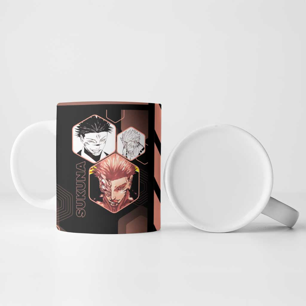 Ryomen Sukuna Jujutsu Kaisen Brown Hexagon Design Ceramic Mug with Cursed Marks and Manga Style Art - The Mazicc