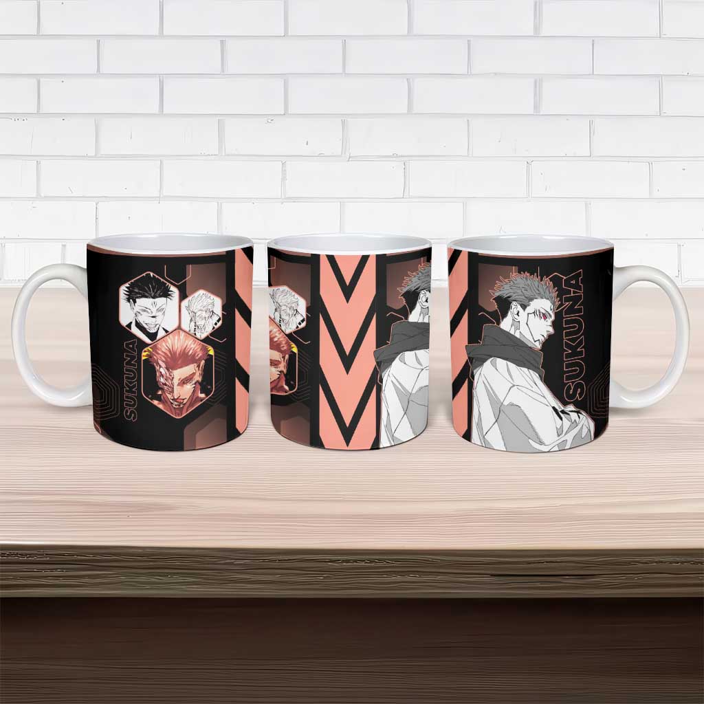 Ryomen Sukuna Jujutsu Kaisen Brown Hexagon Design Ceramic Mug with Cursed Marks and Manga Style Art - The Mazicc