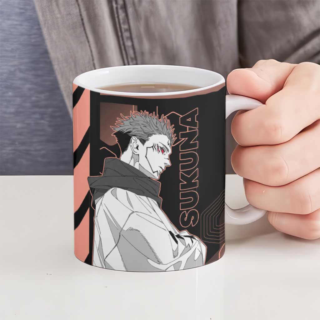 Ryomen Sukuna Jujutsu Kaisen Brown Hexagon Design Ceramic Mug with Cursed Marks and Manga Style Art - The Mazicc
