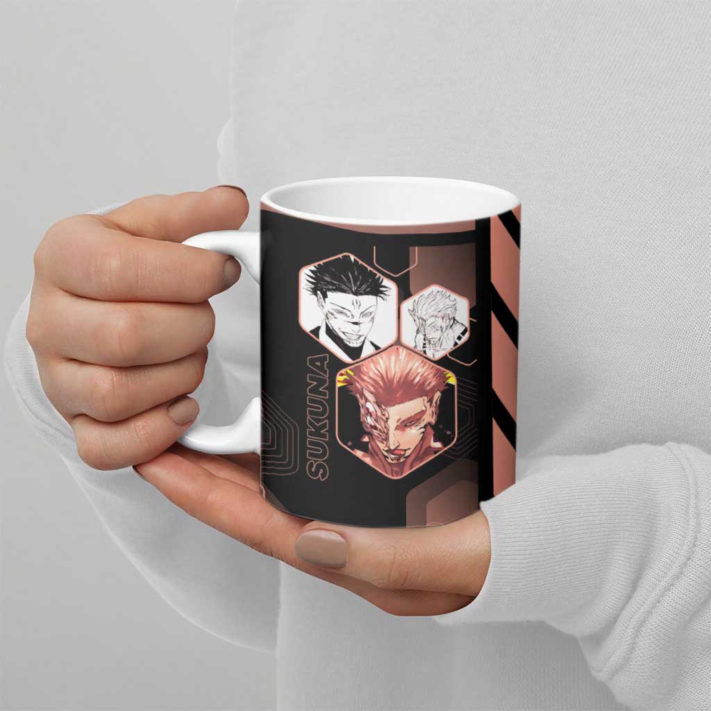 Ryomen Sukuna Jujutsu Kaisen Brown Hexagon Design Ceramic Mug with Cursed Marks and Manga Style Art - The Mazicc