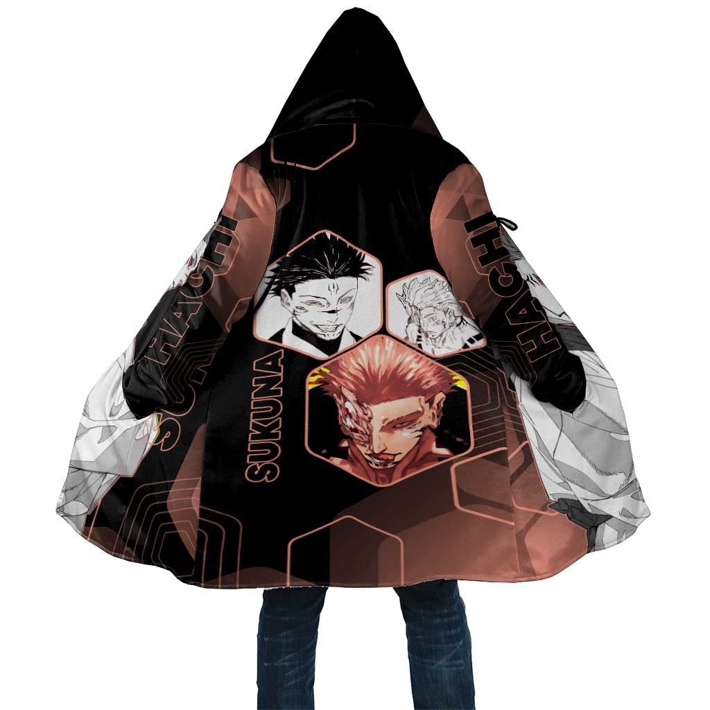 Ryomen Sukuna Jujutsu Kaisen Brown Hexagon Design Cloak with Cursed Marks and Manga Style Art - The Mazicc