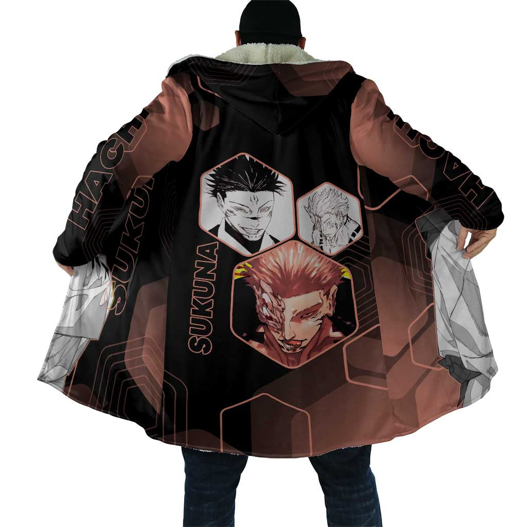 Ryomen Sukuna Jujutsu Kaisen Brown Hexagon Design Cloak with Cursed Marks and Manga Style Art - The Mazicc