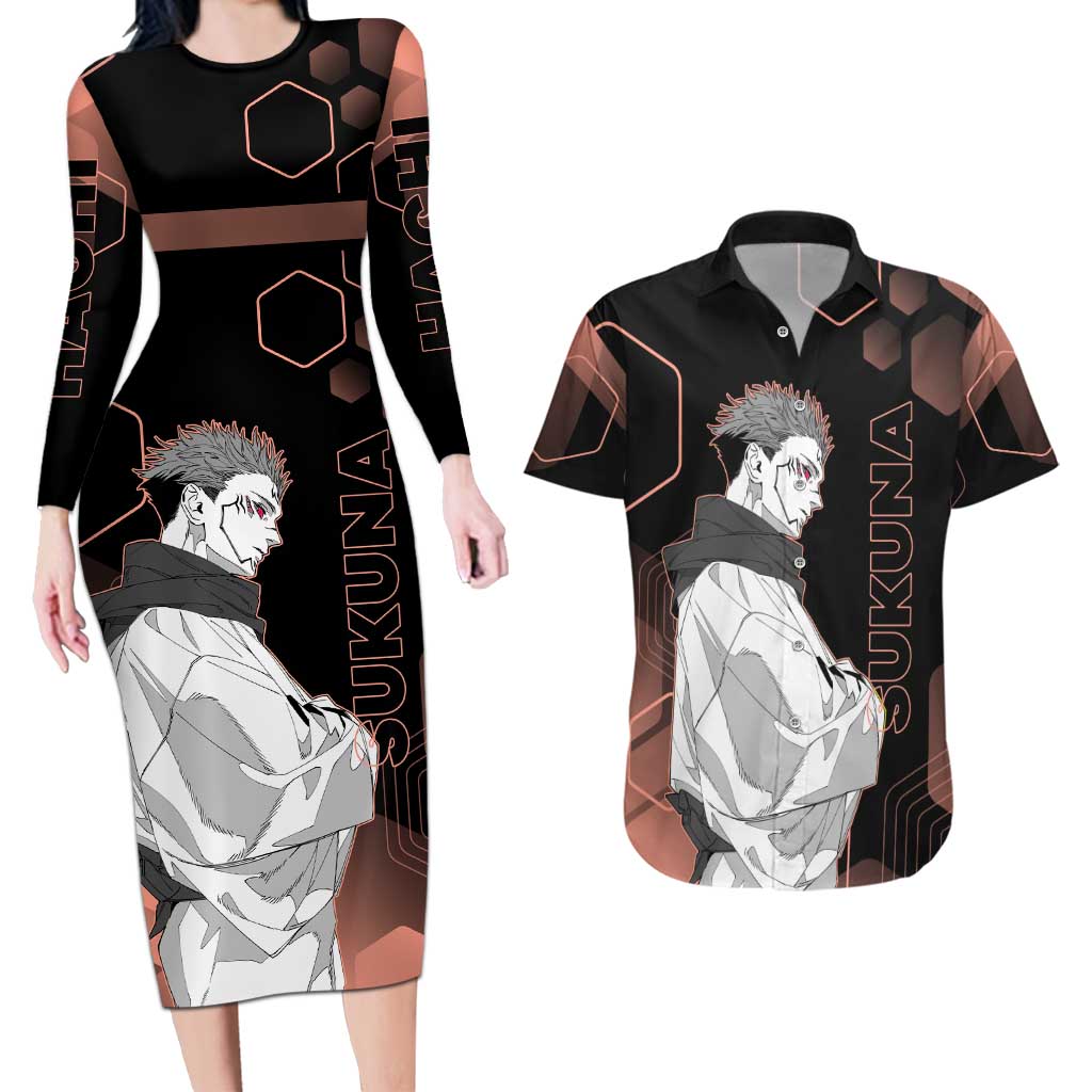 Ryomen Sukuna Jujutsu Kaisen Brown Hexagon Design Couples Matching Long Sleeve Bodycon Dress and Hawaiian Shirt with Cursed Marks and Manga Style Art - The Mazicc
