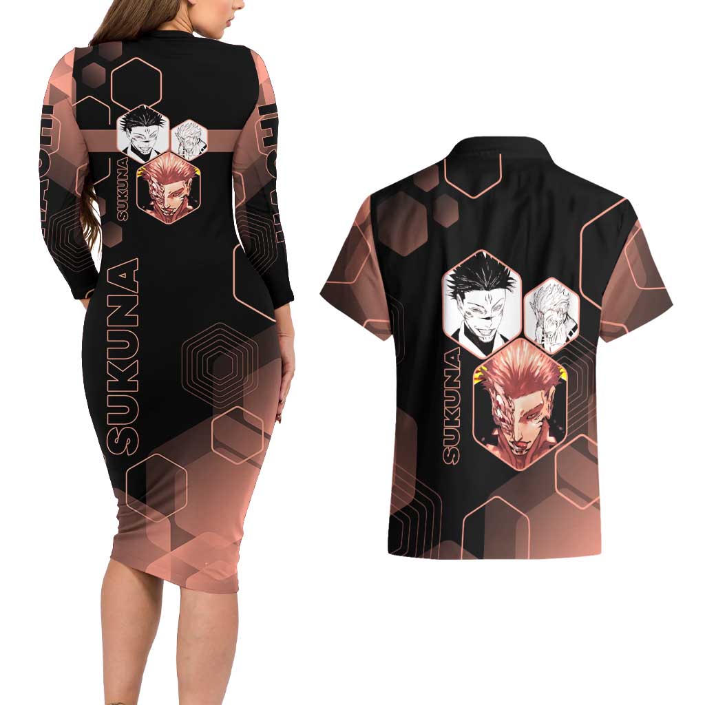 Ryomen Sukuna Jujutsu Kaisen Brown Hexagon Design Couples Matching Long Sleeve Bodycon Dress and Hawaiian Shirt with Cursed Marks and Manga Style Art - The Mazicc