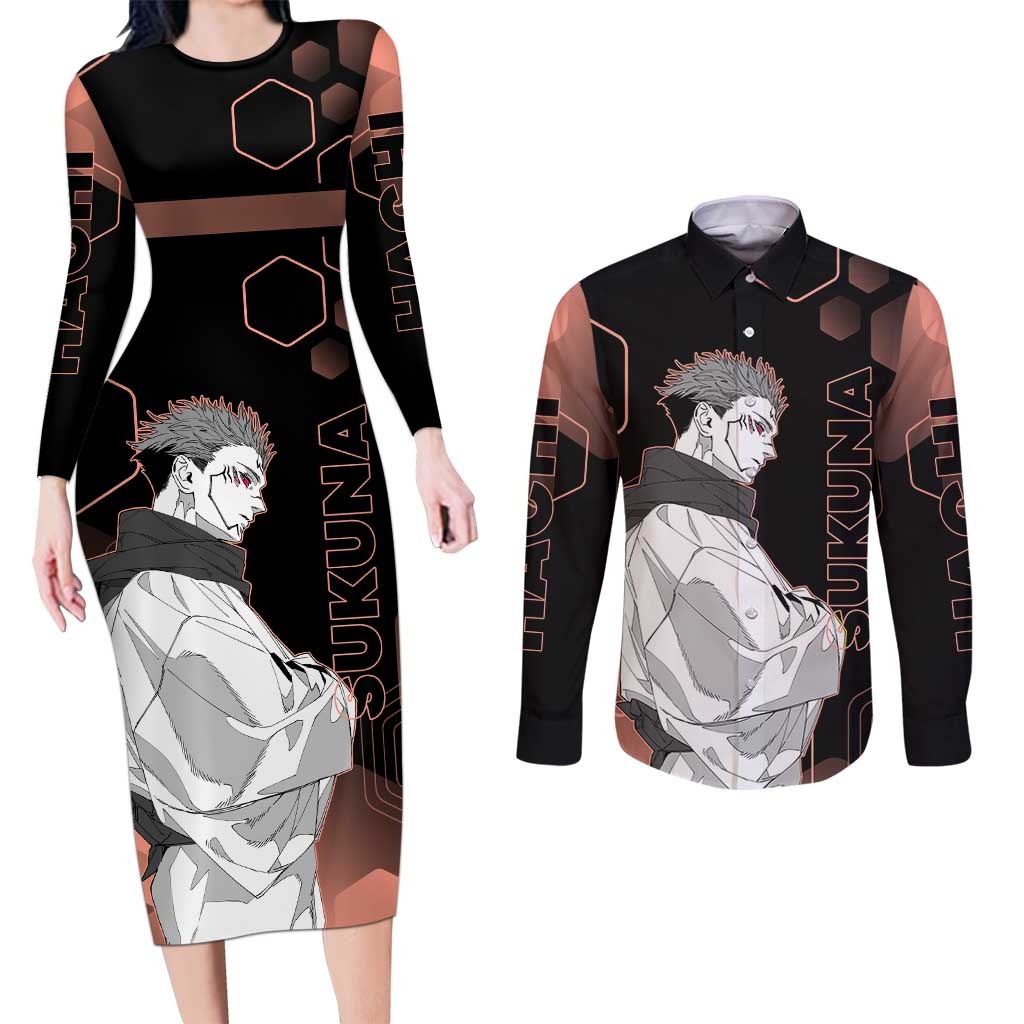 Ryomen Sukuna Jujutsu Kaisen Brown Hexagon Design Couples Matching Long Sleeve Bodycon Dress and Long Sleeve Button Shirt with Cursed Marks and Manga Style Art - The Mazicc
