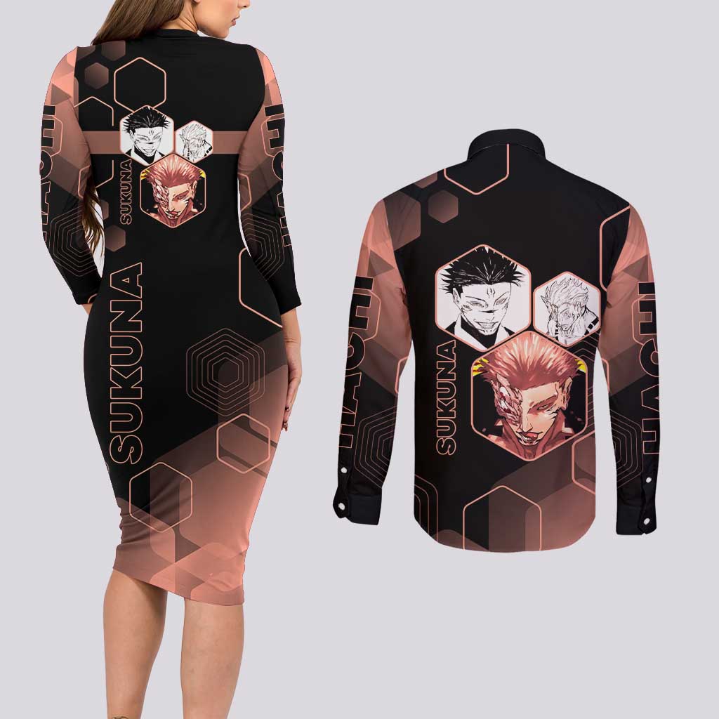 Ryomen Sukuna Jujutsu Kaisen Brown Hexagon Design Couples Matching Long Sleeve Bodycon Dress and Long Sleeve Button Shirt with Cursed Marks and Manga Style Art - The Mazicc