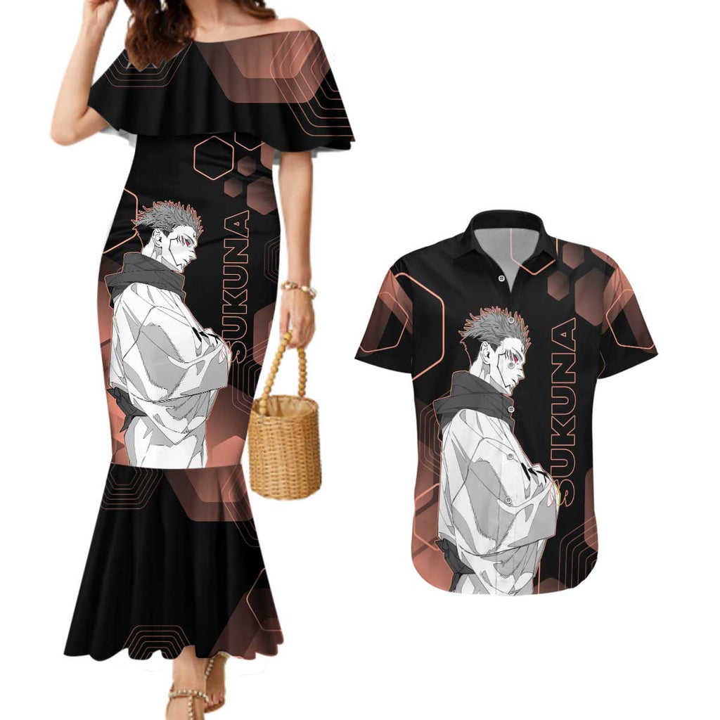 Ryomen Sukuna Jujutsu Kaisen Brown Hexagon Design Couples Matching Mermaid Dress and Hawaiian Shirt with Cursed Marks and Manga Style Art - The Mazicc