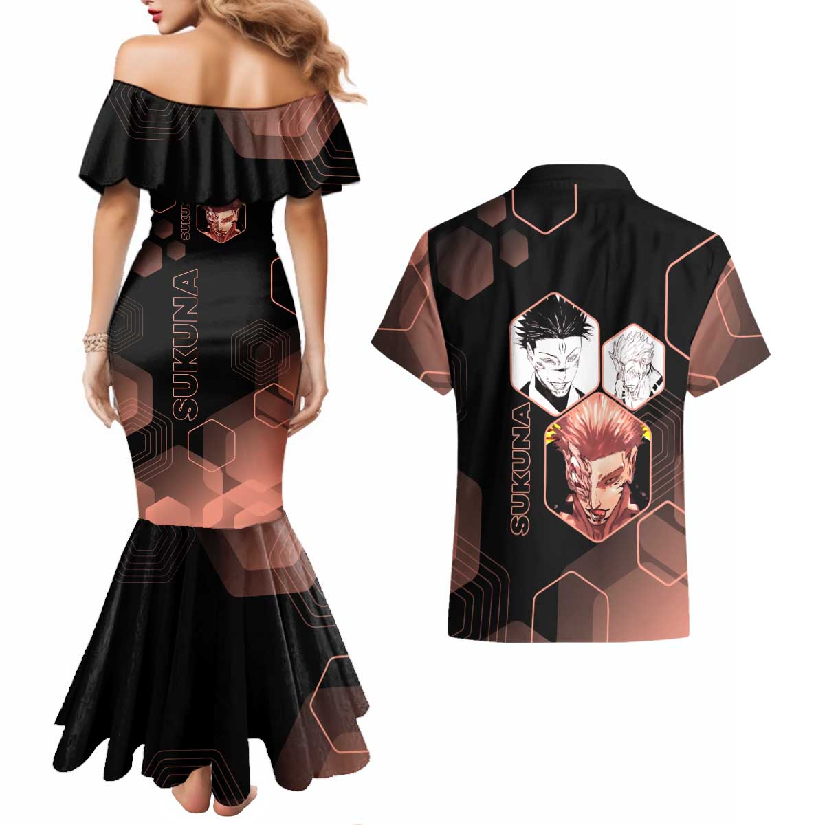 Ryomen Sukuna Jujutsu Kaisen Brown Hexagon Design Couples Matching Mermaid Dress and Hawaiian Shirt with Cursed Marks and Manga Style Art - The Mazicc