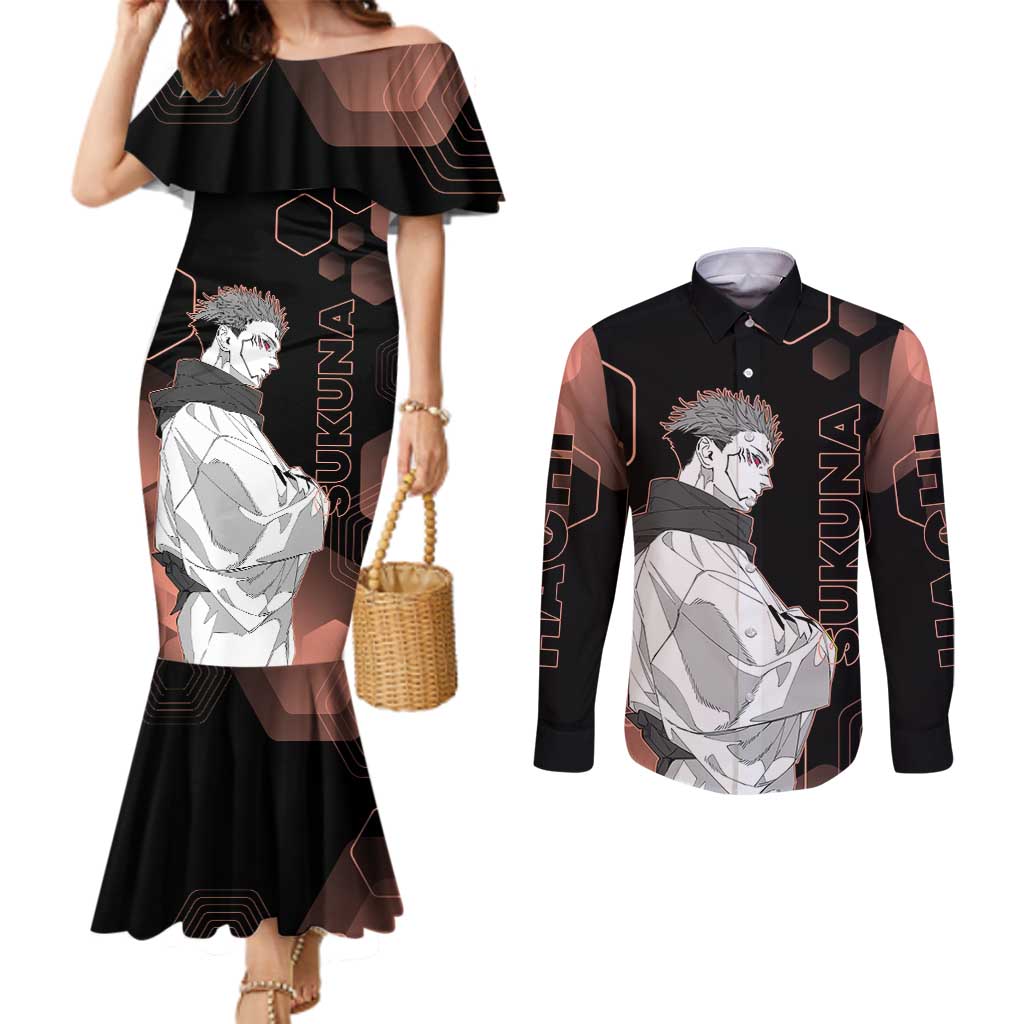Ryomen Sukuna Jujutsu Kaisen Brown Hexagon Design Couples Matching Mermaid Dress and Long Sleeve Button Shirt with Cursed Marks and Manga Style Art - The Mazicc