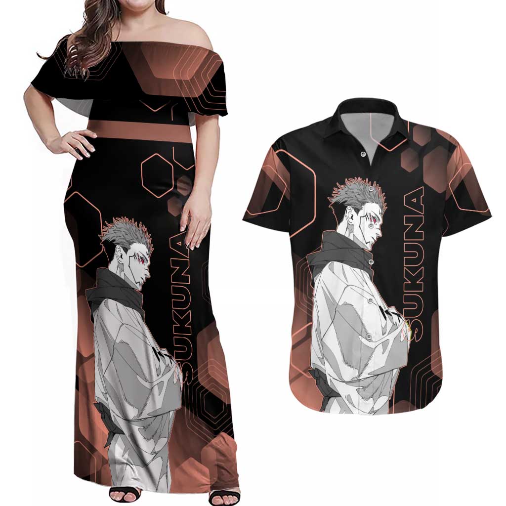 Ryomen Sukuna Jujutsu Kaisen Brown Hexagon Design Couples Matching Off Shoulder Maxi Dress and Hawaiian Shirt with Cursed Marks and Manga Style Art - The Mazicc