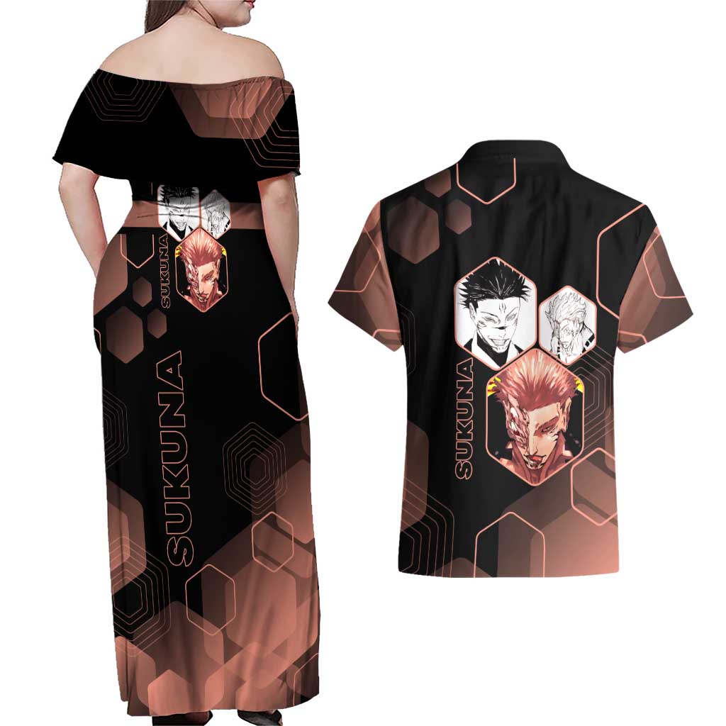 Ryomen Sukuna Jujutsu Kaisen Brown Hexagon Design Couples Matching Off Shoulder Maxi Dress and Hawaiian Shirt with Cursed Marks and Manga Style Art - The Mazicc