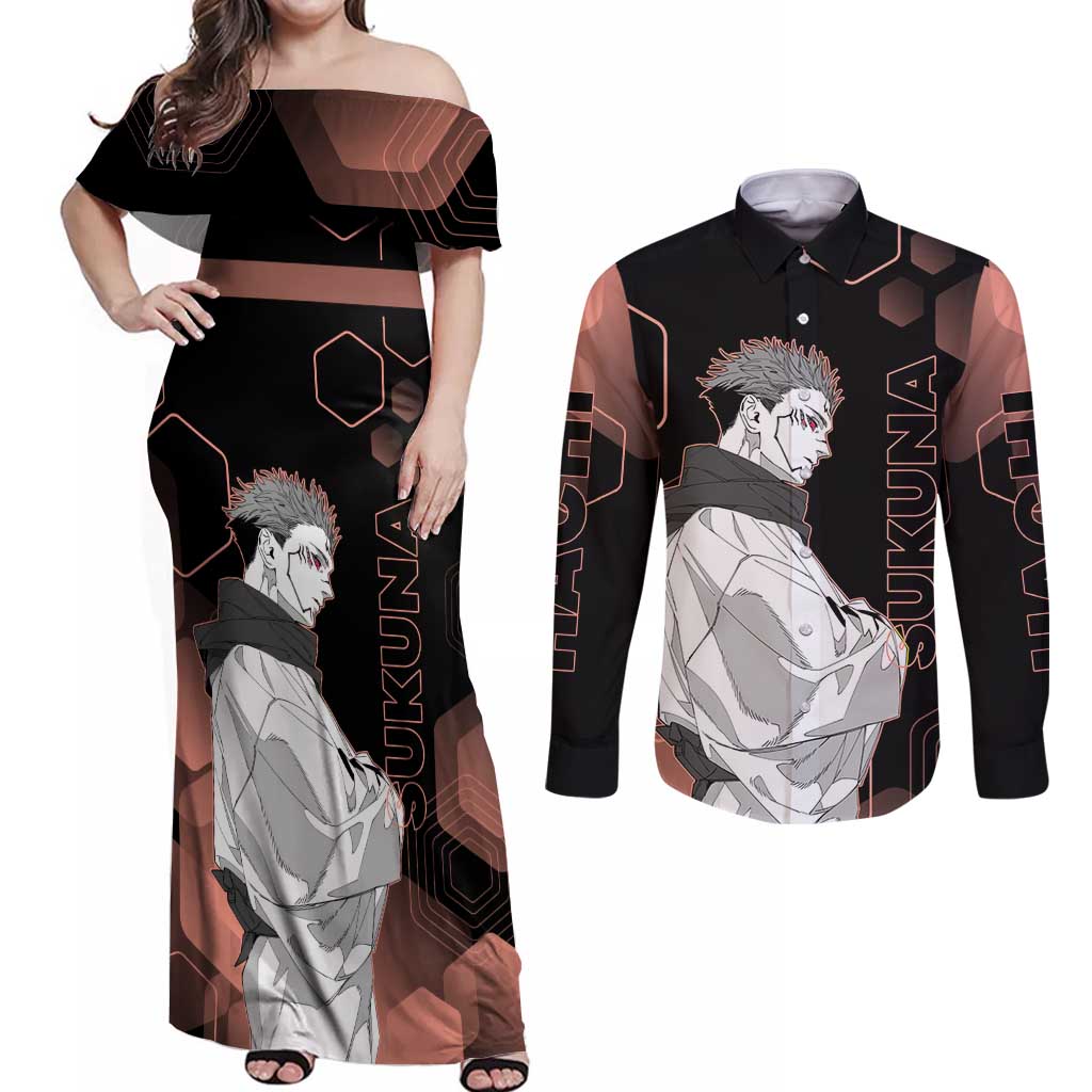 Ryomen Sukuna Jujutsu Kaisen Brown Hexagon Design Couples Matching Off Shoulder Maxi Dress and Long Sleeve Button Shirt with Cursed Marks and Manga Style Art - The Mazicc