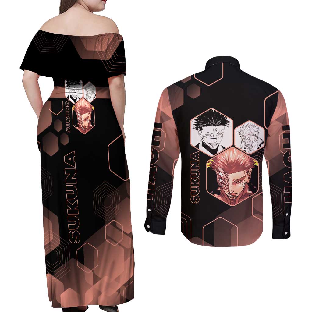 Ryomen Sukuna Jujutsu Kaisen Brown Hexagon Design Couples Matching Off Shoulder Maxi Dress and Long Sleeve Button Shirt with Cursed Marks and Manga Style Art - The Mazicc