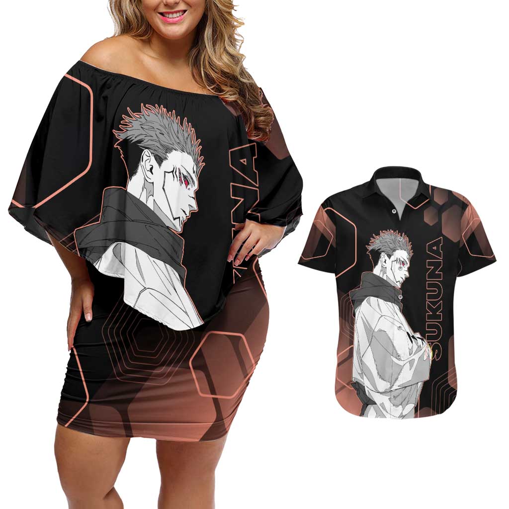 Ryomen Sukuna Jujutsu Kaisen Brown Hexagon Design Couples Matching Off Shoulder Short Dress and Hawaiian Shirt with Cursed Marks and Manga Style Art - The Mazicc
