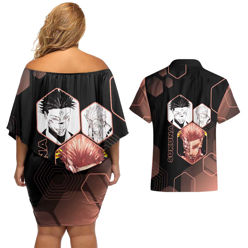 Ryomen Sukuna Jujutsu Kaisen Brown Hexagon Design Couples Matching Off Shoulder Short Dress and Hawaiian Shirt with Cursed Marks and Manga Style Art - The Mazicc