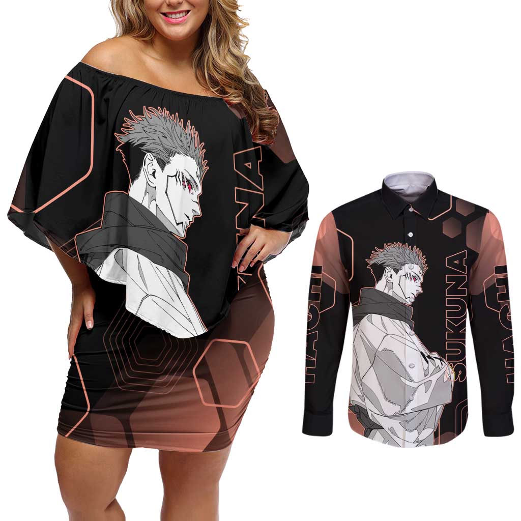 Ryomen Sukuna Jujutsu Kaisen Brown Hexagon Design Couples Matching Off Shoulder Short Dress and Long Sleeve Button Shirt with Cursed Marks and Manga Style Art - The Mazicc