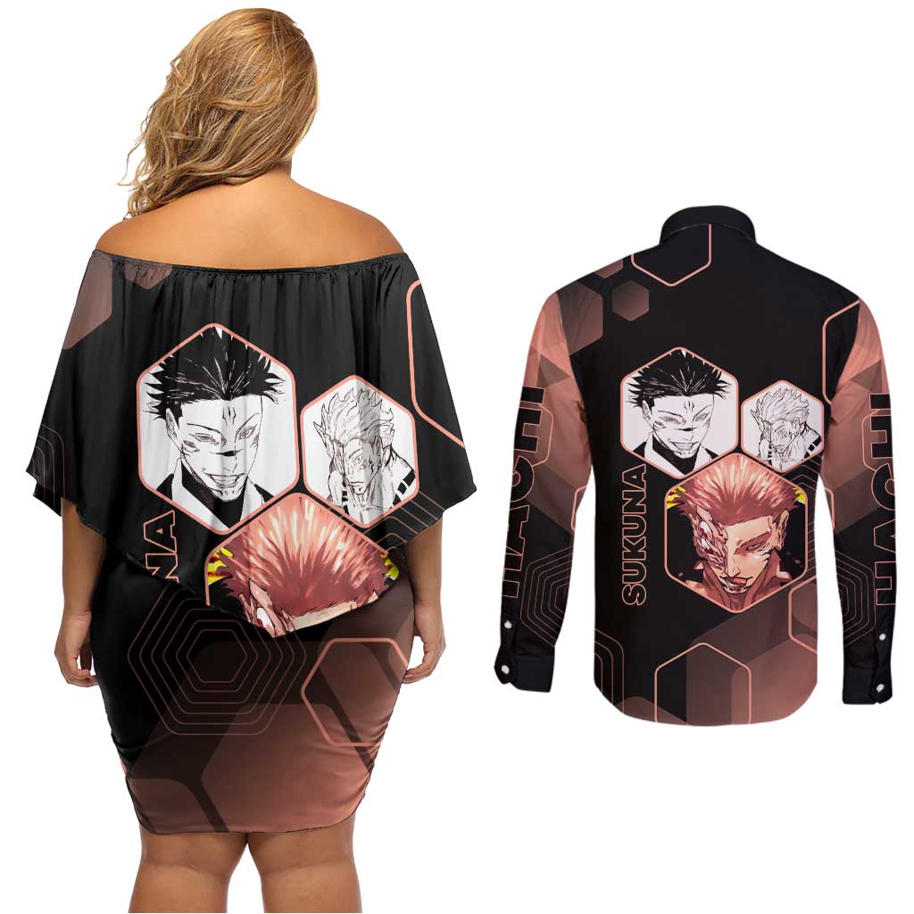 Ryomen Sukuna Jujutsu Kaisen Brown Hexagon Design Couples Matching Off Shoulder Short Dress and Long Sleeve Button Shirt with Cursed Marks and Manga Style Art - The Mazicc