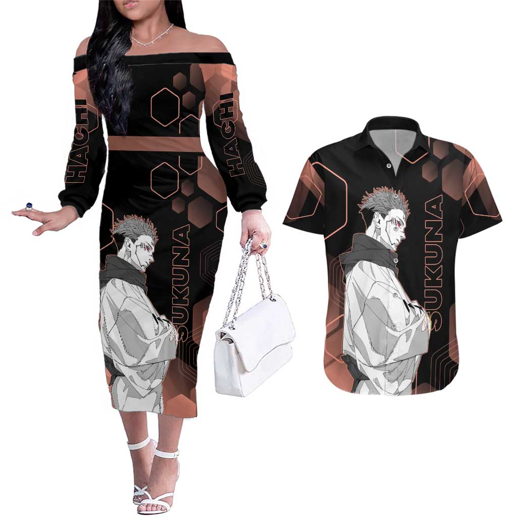 Ryomen Sukuna Jujutsu Kaisen Brown Hexagon Design Couples Matching Off The Shoulder Long Sleeve Dress and Hawaiian Shirt with Cursed Marks and Manga Style Art - The Mazicc