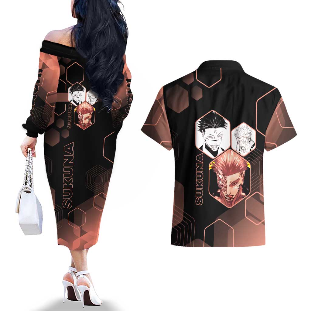 Ryomen Sukuna Jujutsu Kaisen Brown Hexagon Design Couples Matching Off The Shoulder Long Sleeve Dress and Hawaiian Shirt with Cursed Marks and Manga Style Art - The Mazicc