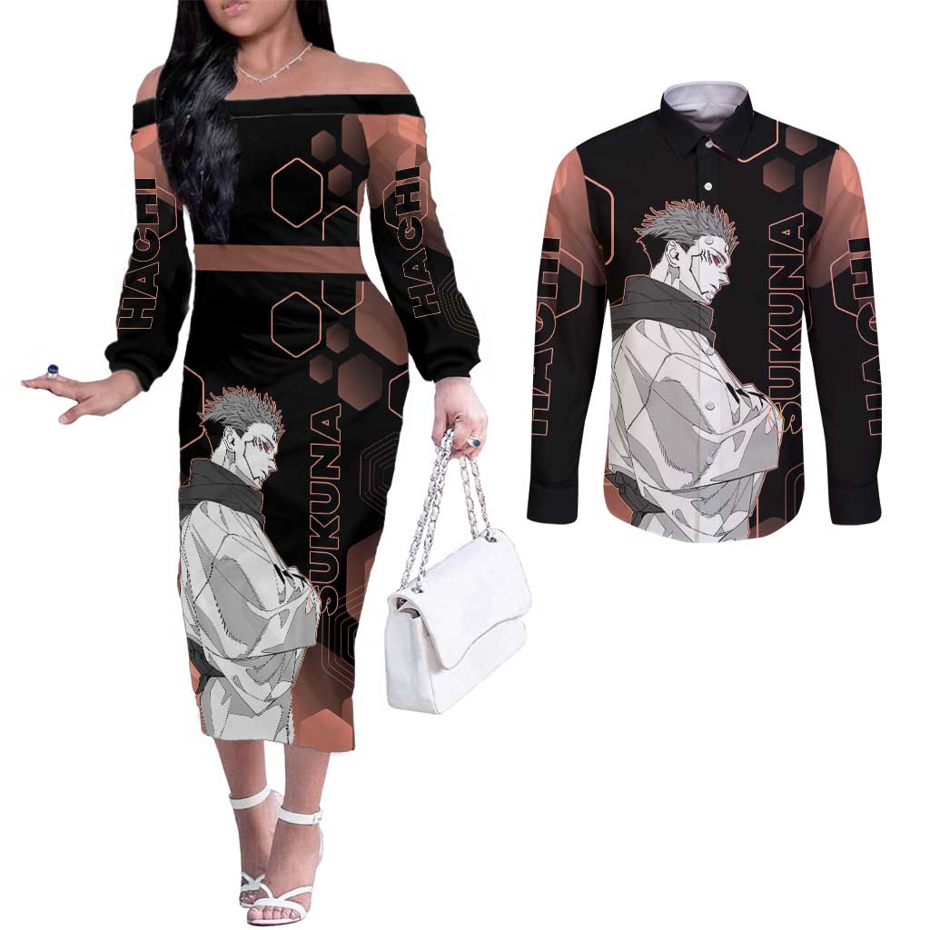 Ryomen Sukuna Jujutsu Kaisen Brown Hexagon Design Couples Matching Off The Shoulder Long Sleeve Dress and Long Sleeve Button Shirt with Cursed Marks and Manga Style Art - The Mazicc