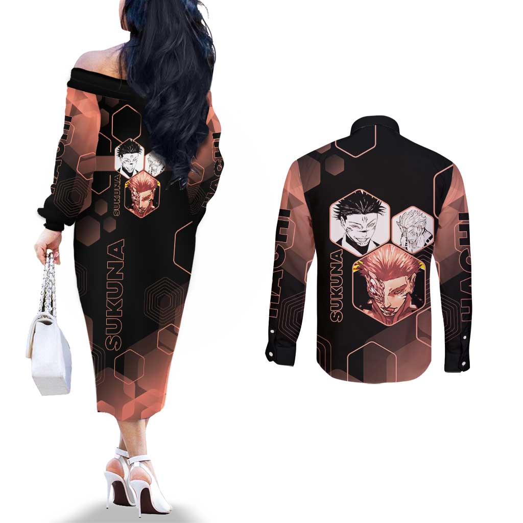Ryomen Sukuna Jujutsu Kaisen Brown Hexagon Design Couples Matching Off The Shoulder Long Sleeve Dress and Long Sleeve Button Shirt with Cursed Marks and Manga Style Art - The Mazicc