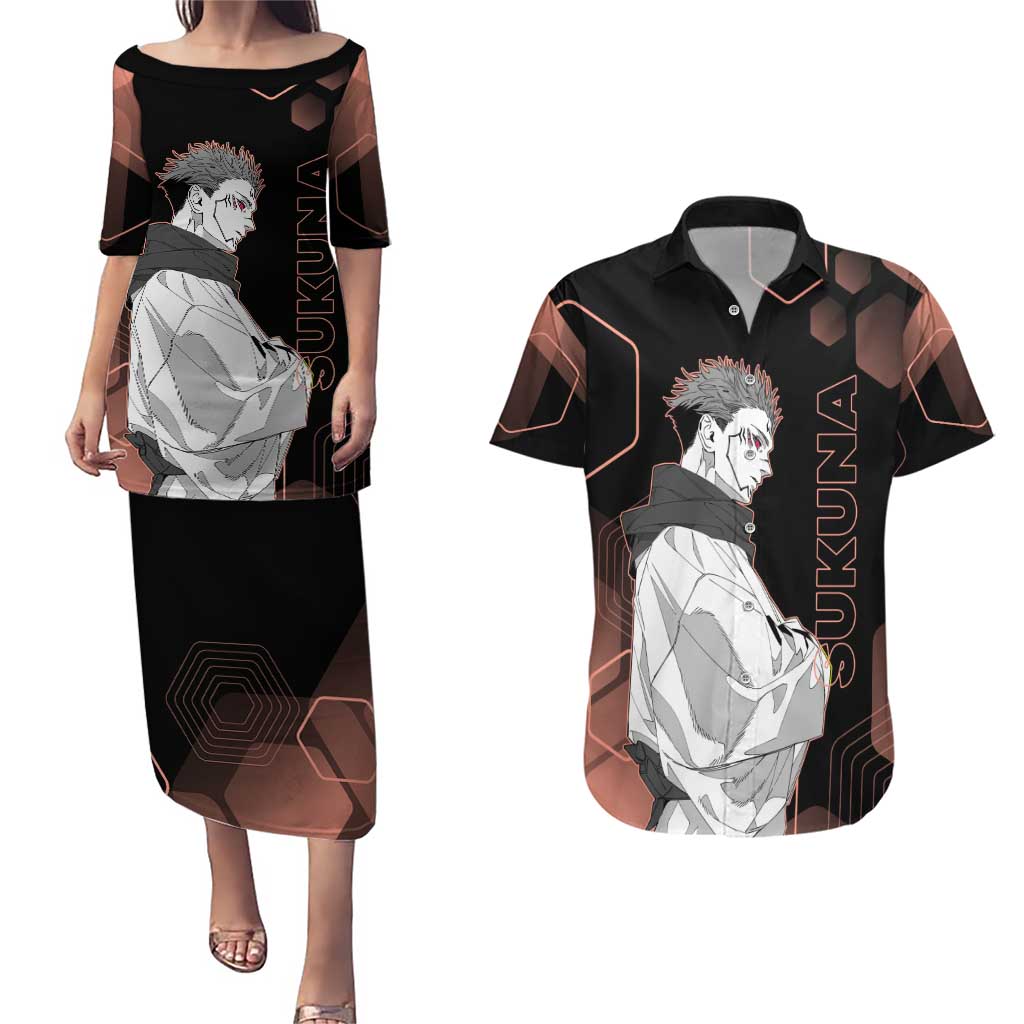 Ryomen Sukuna Jujutsu Kaisen Brown Hexagon Design Couples Matching Puletasi and Hawaiian Shirt with Cursed Marks and Manga Style Art - The Mazicc
