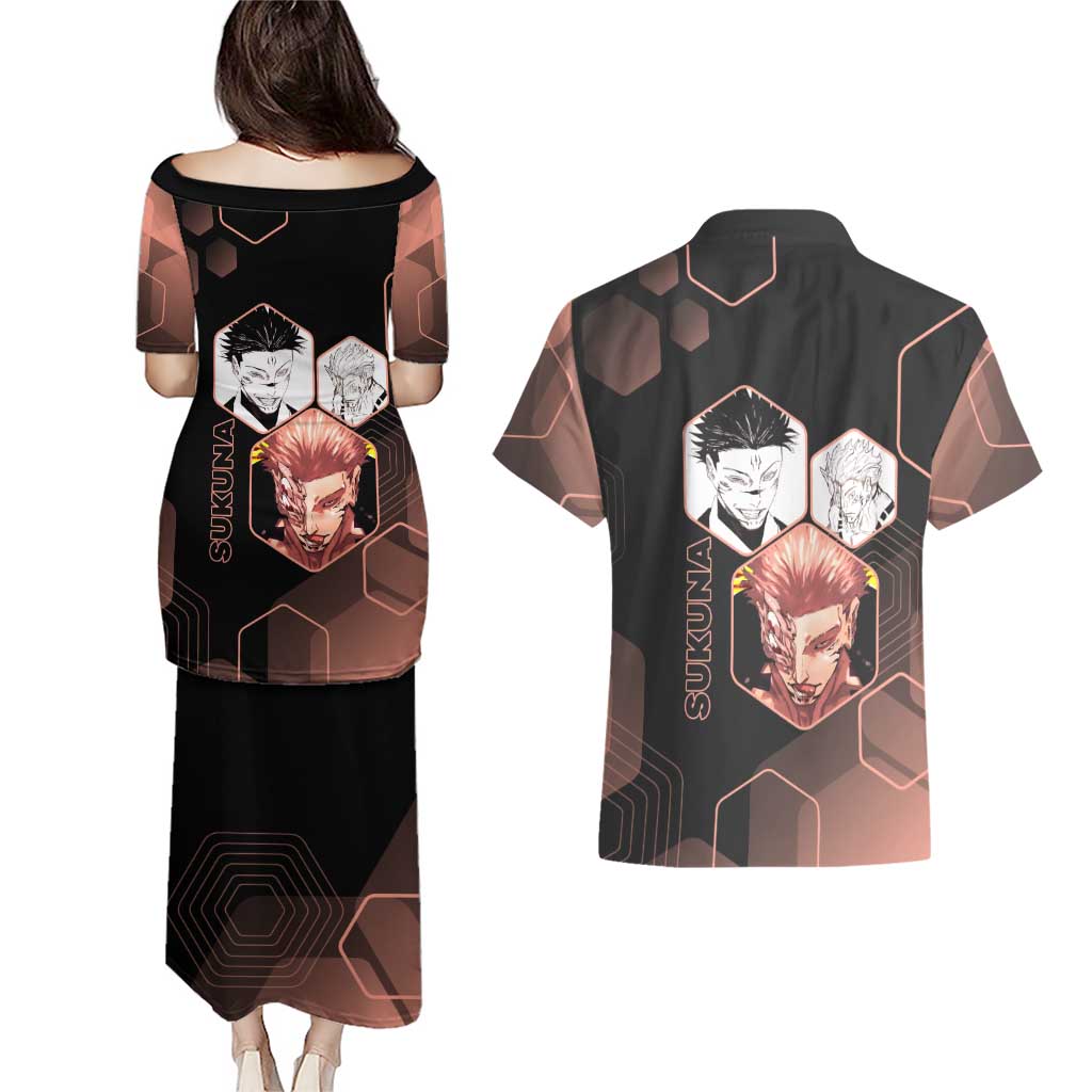 Ryomen Sukuna Jujutsu Kaisen Brown Hexagon Design Couples Matching Puletasi and Hawaiian Shirt with Cursed Marks and Manga Style Art - The Mazicc