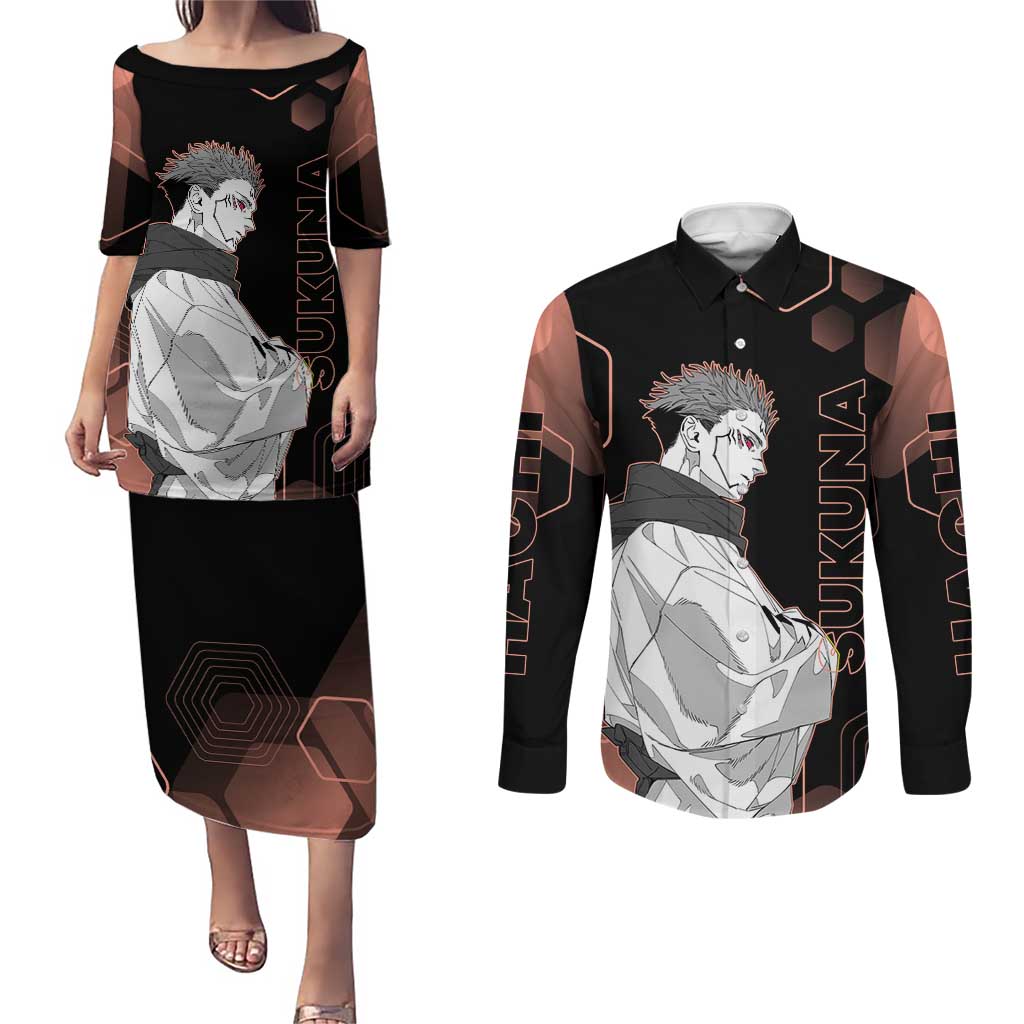 Ryomen Sukuna Jujutsu Kaisen Brown Hexagon Design Couples Matching Puletasi and Long Sleeve Button Shirt with Cursed Marks and Manga Style Art - The Mazicc