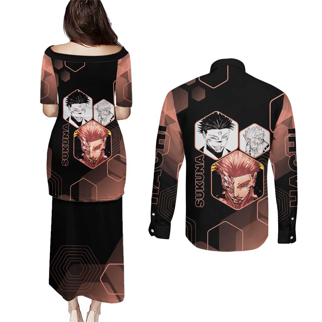 Ryomen Sukuna Jujutsu Kaisen Brown Hexagon Design Couples Matching Puletasi and Long Sleeve Button Shirt with Cursed Marks and Manga Style Art - The Mazicc