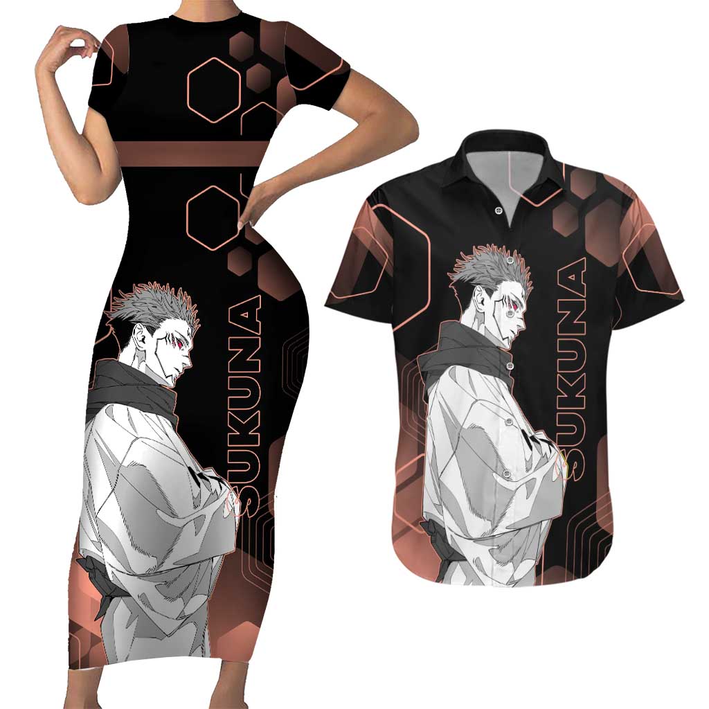 Ryomen Sukuna Jujutsu Kaisen Brown Hexagon Design Couples Matching Short Sleeve Bodycon Dress and Hawaiian Shirt with Cursed Marks and Manga Style Art - The Mazicc