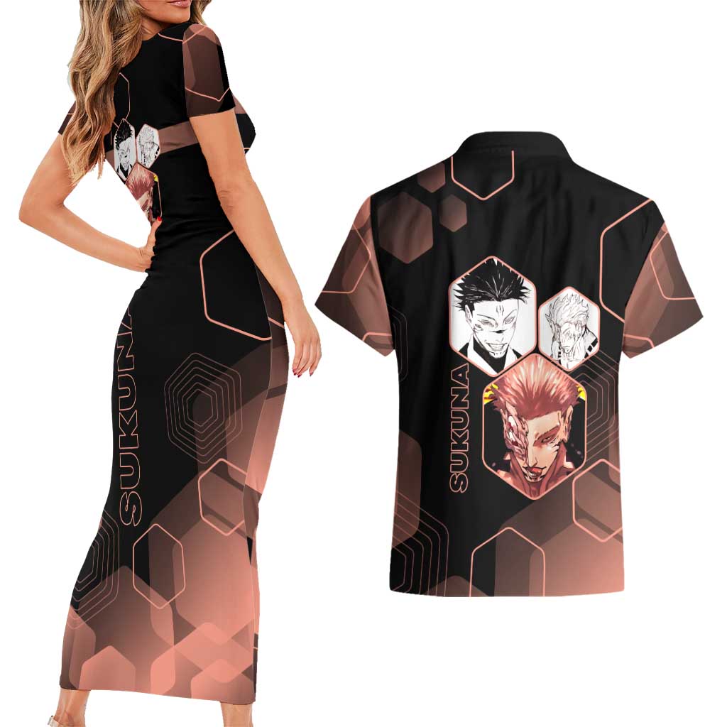 Ryomen Sukuna Jujutsu Kaisen Brown Hexagon Design Couples Matching Short Sleeve Bodycon Dress and Hawaiian Shirt with Cursed Marks and Manga Style Art - The Mazicc