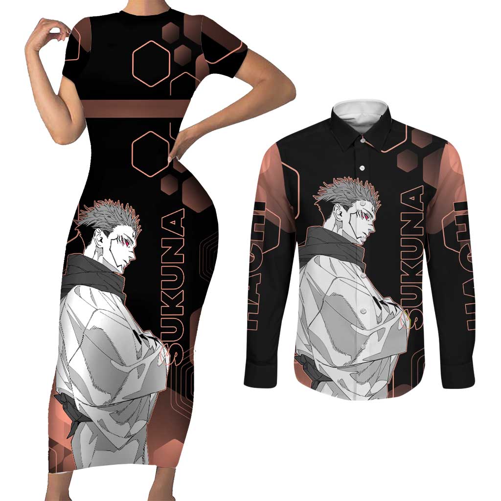 Ryomen Sukuna Jujutsu Kaisen Brown Hexagon Design Couples Matching Short Sleeve Bodycon Dress and Long Sleeve Button Shirt with Cursed Marks and Manga Style Art - The Mazicc