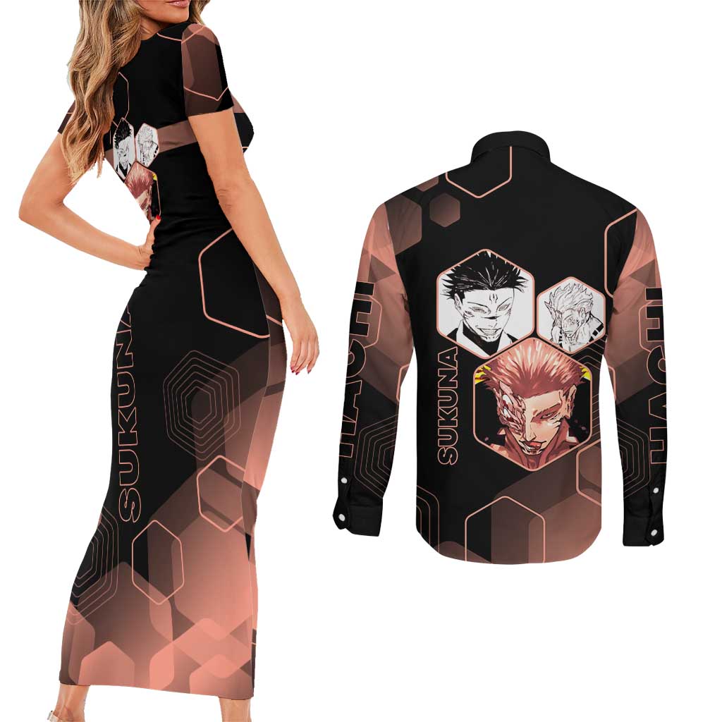 Ryomen Sukuna Jujutsu Kaisen Brown Hexagon Design Couples Matching Short Sleeve Bodycon Dress and Long Sleeve Button Shirt with Cursed Marks and Manga Style Art - The Mazicc
