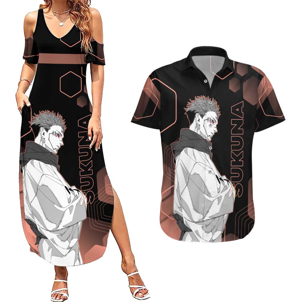 Ryomen Sukuna Jujutsu Kaisen Brown Hexagon Design Couples Matching Summer Maxi Dress and Hawaiian Shirt with Cursed Marks and Manga Style Art - The Mazicc