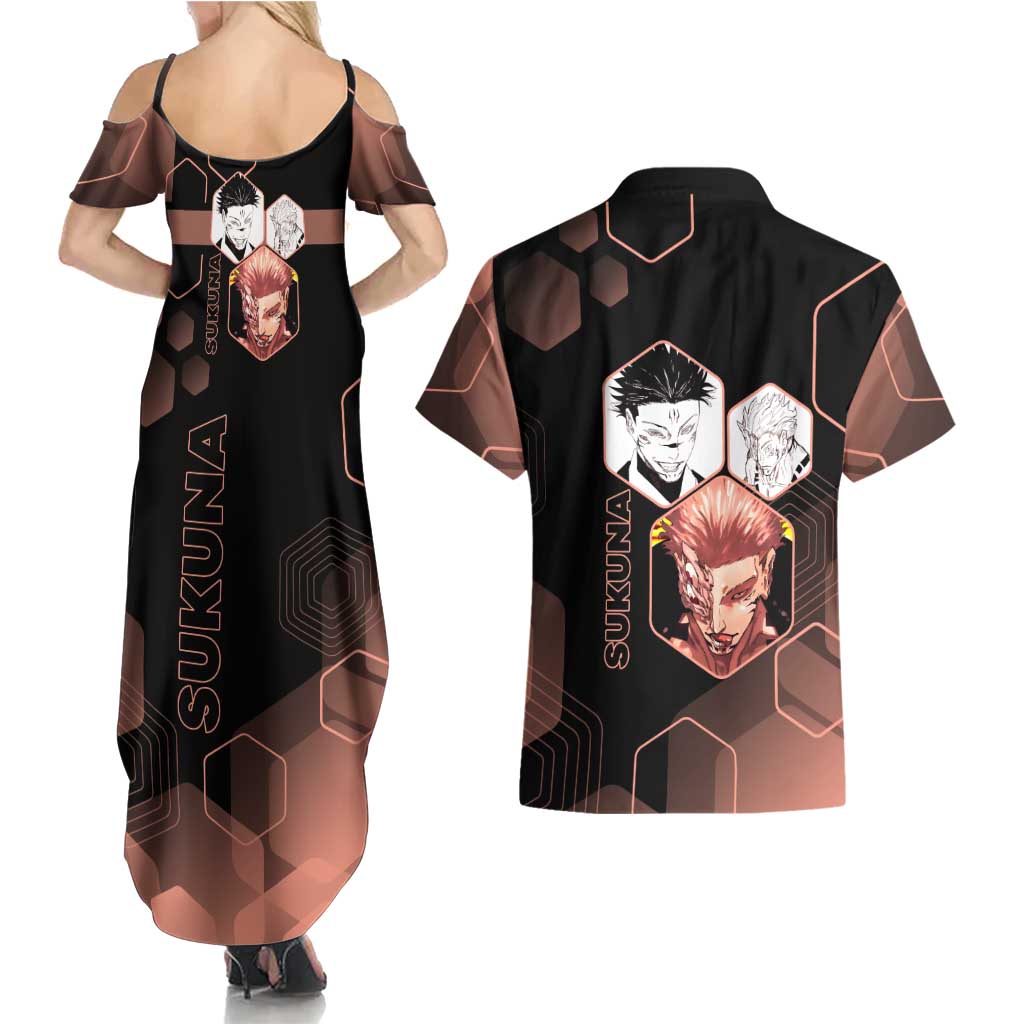Ryomen Sukuna Jujutsu Kaisen Brown Hexagon Design Couples Matching Summer Maxi Dress and Hawaiian Shirt with Cursed Marks and Manga Style Art - The Mazicc