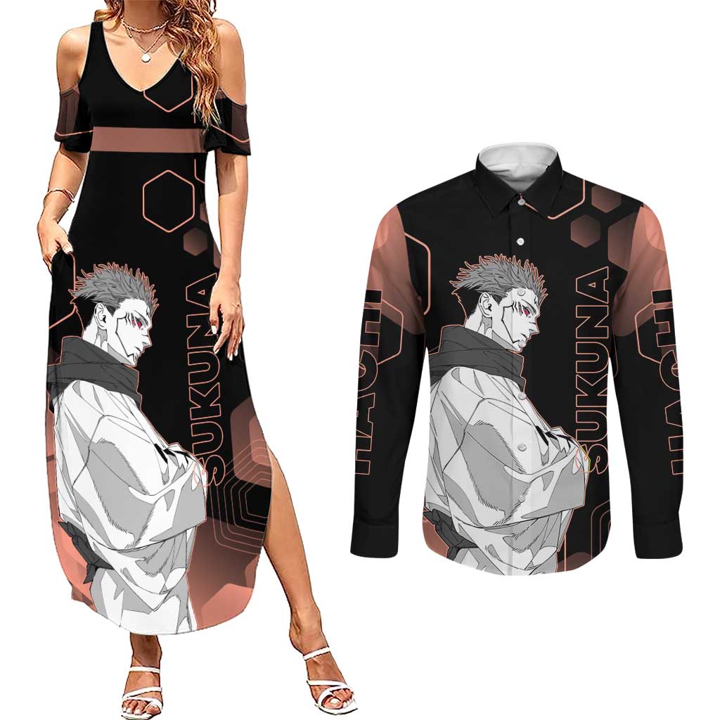 Ryomen Sukuna Jujutsu Kaisen Brown Hexagon Design Couples Matching Summer Maxi Dress and Long Sleeve Button Shirt with Cursed Marks and Manga Style Art - The Mazicc