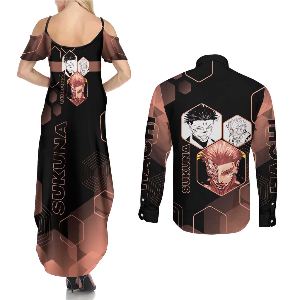 Ryomen Sukuna Jujutsu Kaisen Brown Hexagon Design Couples Matching Summer Maxi Dress and Long Sleeve Button Shirt with Cursed Marks and Manga Style Art - The Mazicc
