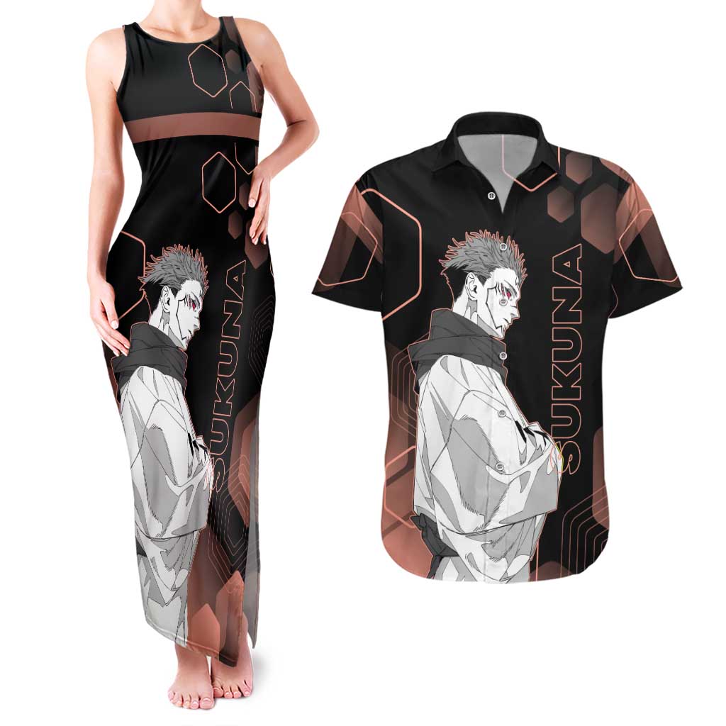 Ryomen Sukuna Jujutsu Kaisen Brown Hexagon Design Couples Matching Tank Maxi Dress and Hawaiian Shirt with Cursed Marks and Manga Style Art - The Mazicc