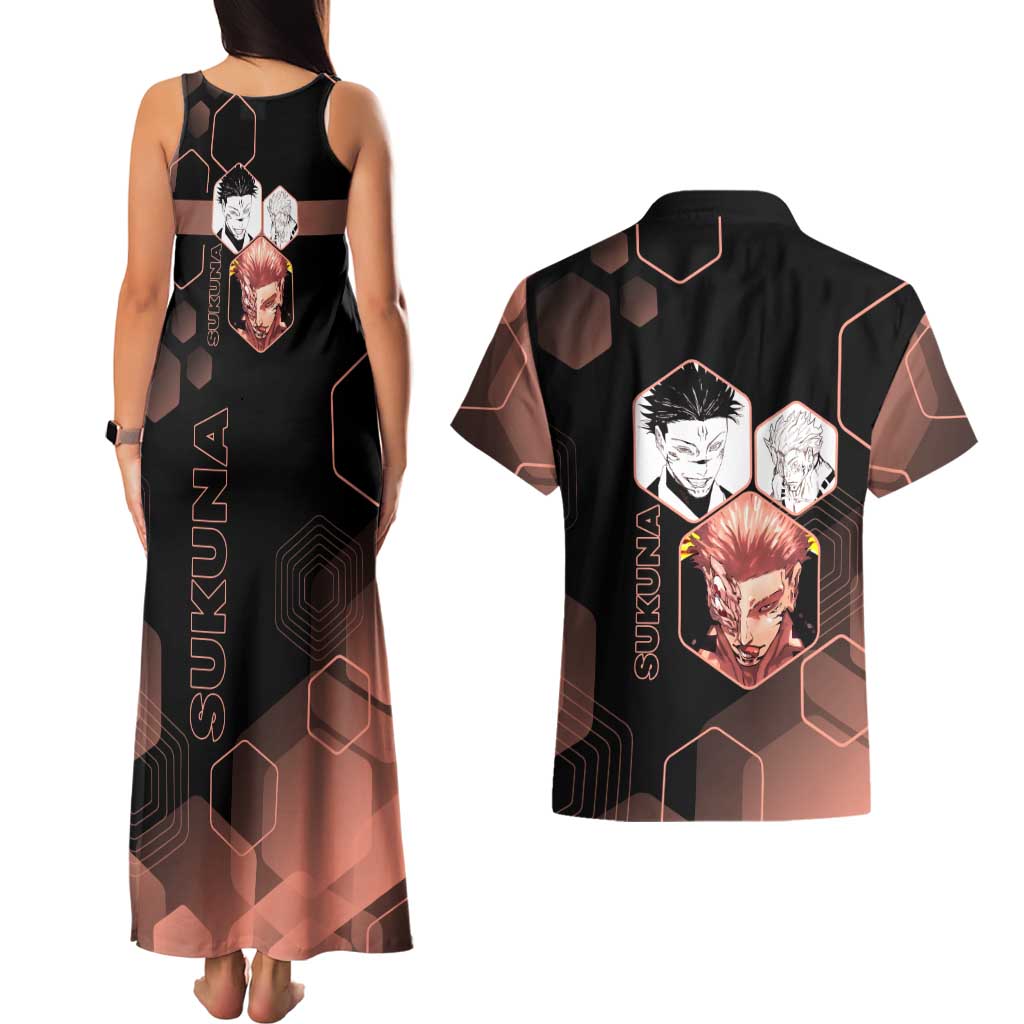 Ryomen Sukuna Jujutsu Kaisen Brown Hexagon Design Couples Matching Tank Maxi Dress and Hawaiian Shirt with Cursed Marks and Manga Style Art - The Mazicc