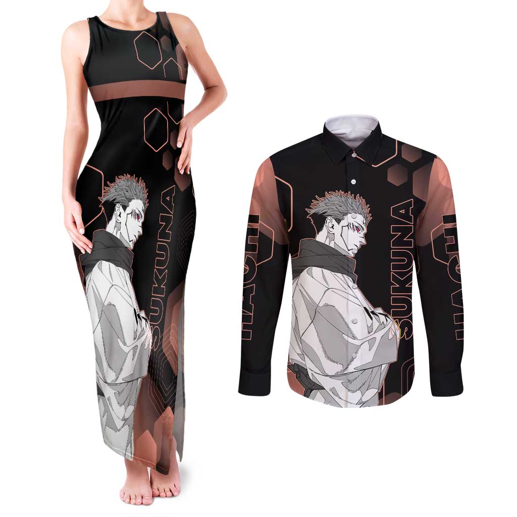 Ryomen Sukuna Jujutsu Kaisen Brown Hexagon Design Couples Matching Tank Maxi Dress and Long Sleeve Button Shirt with Cursed Marks and Manga Style Art - The Mazicc