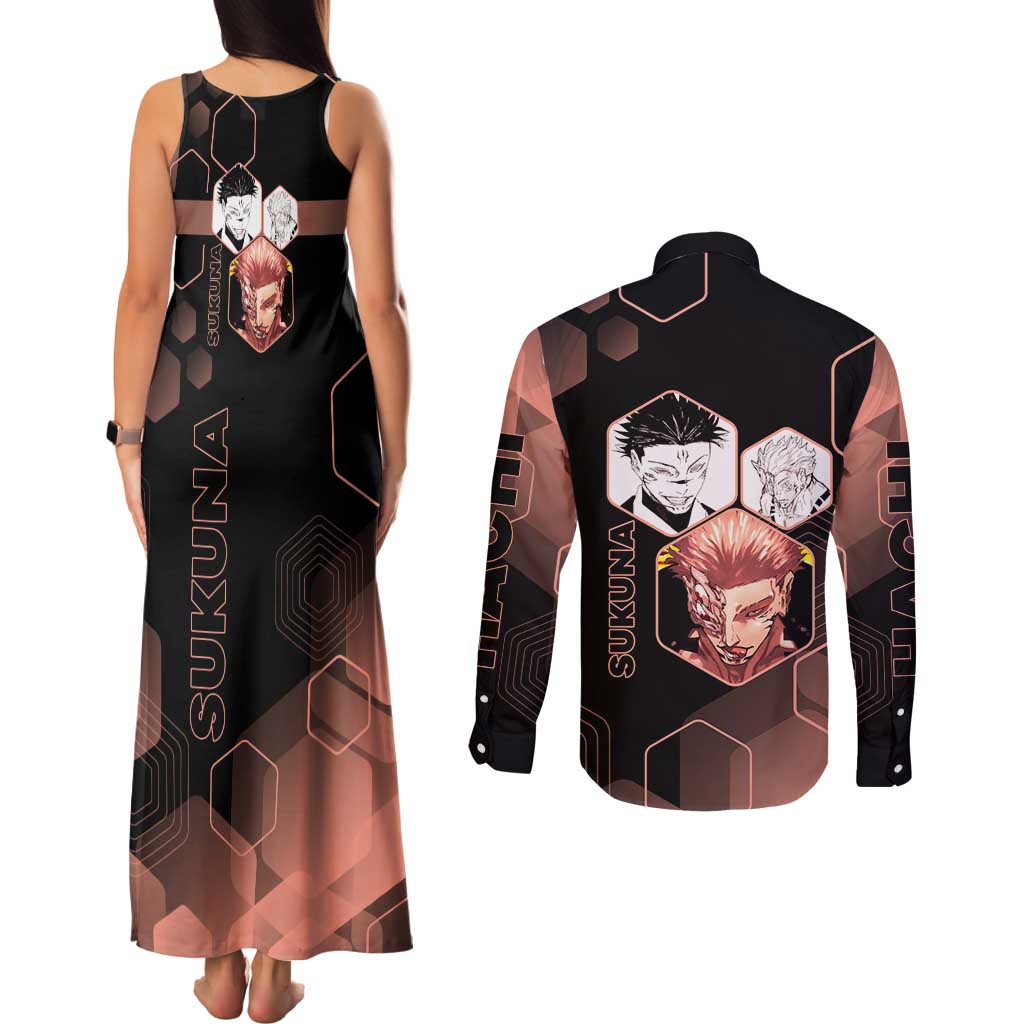 Ryomen Sukuna Jujutsu Kaisen Brown Hexagon Design Couples Matching Tank Maxi Dress and Long Sleeve Button Shirt with Cursed Marks and Manga Style Art - The Mazicc