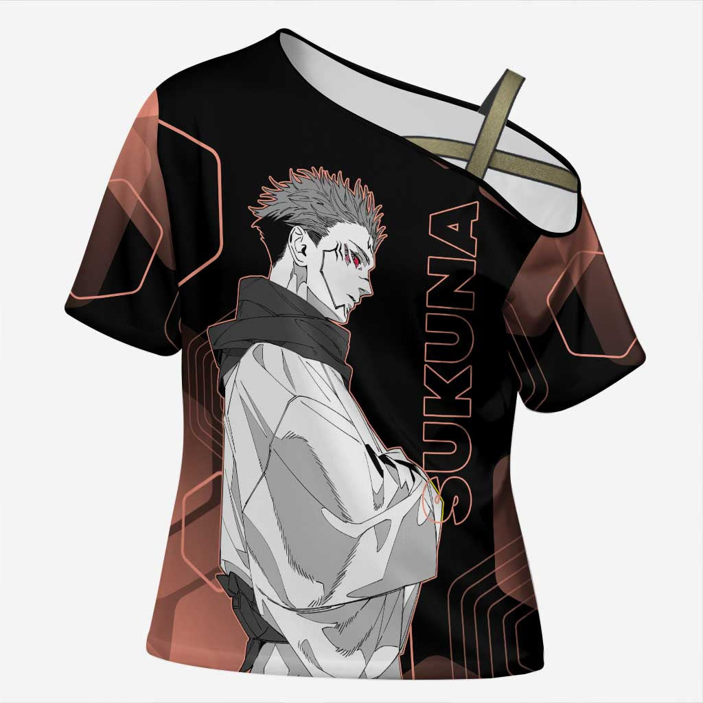 Ryomen Sukuna Jujutsu Kaisen Brown Hexagon Design Cross Shoulder Shirt with Cursed Marks and Manga Style Art - The Mazicc