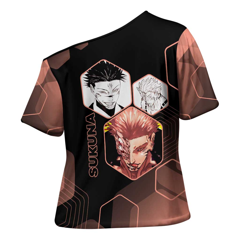 Ryomen Sukuna Jujutsu Kaisen Brown Hexagon Design Cross Shoulder Shirt with Cursed Marks and Manga Style Art - The Mazicc