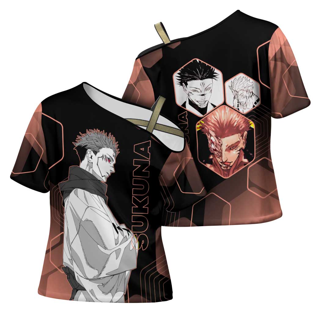 Ryomen Sukuna Jujutsu Kaisen Brown Hexagon Design Cross Shoulder Shirt with Cursed Marks and Manga Style Art - The Mazicc