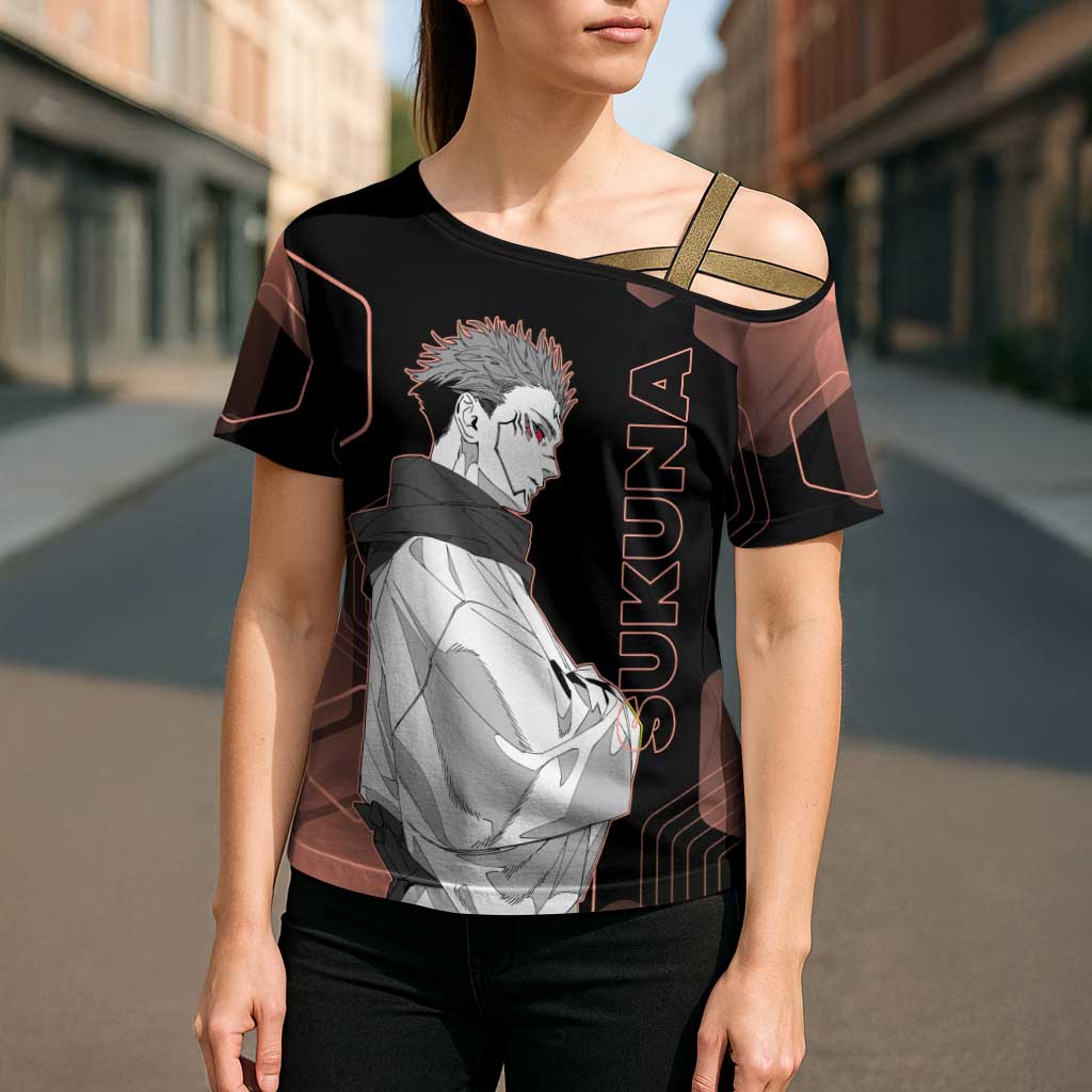 Ryomen Sukuna Jujutsu Kaisen Brown Hexagon Design Cross Shoulder Shirt with Cursed Marks and Manga Style Art - The Mazicc