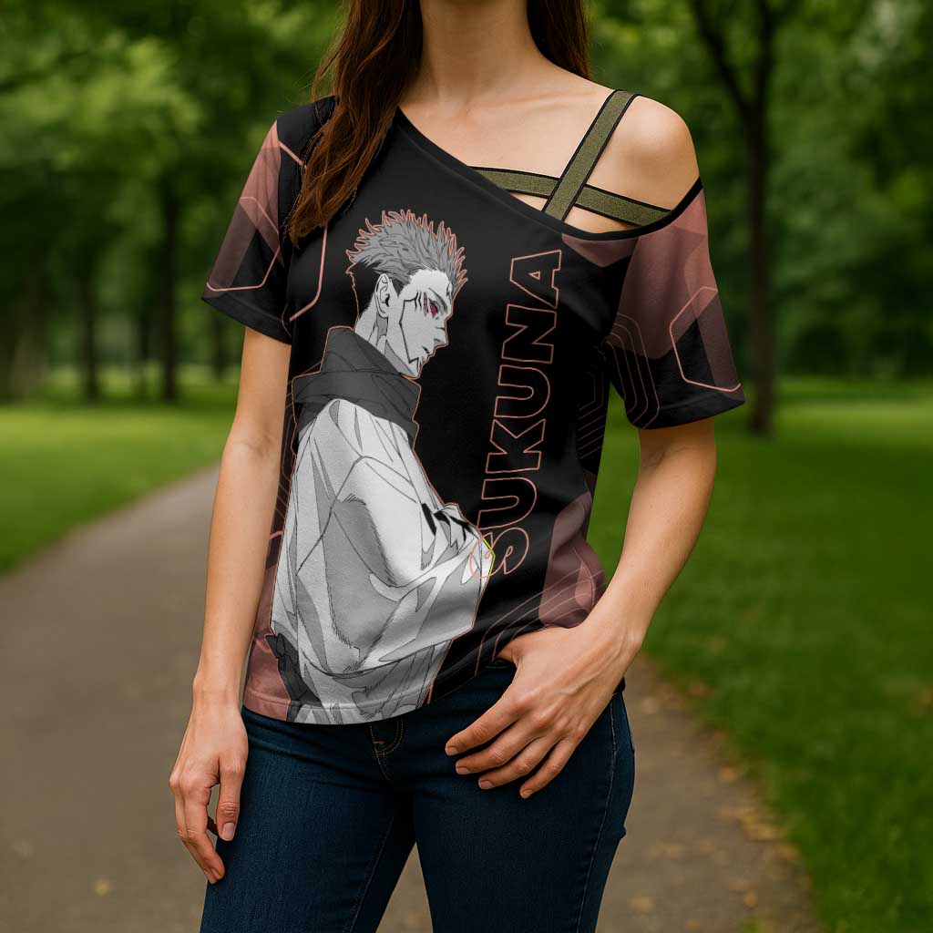 Ryomen Sukuna Jujutsu Kaisen Brown Hexagon Design Cross Shoulder Shirt with Cursed Marks and Manga Style Art - The Mazicc