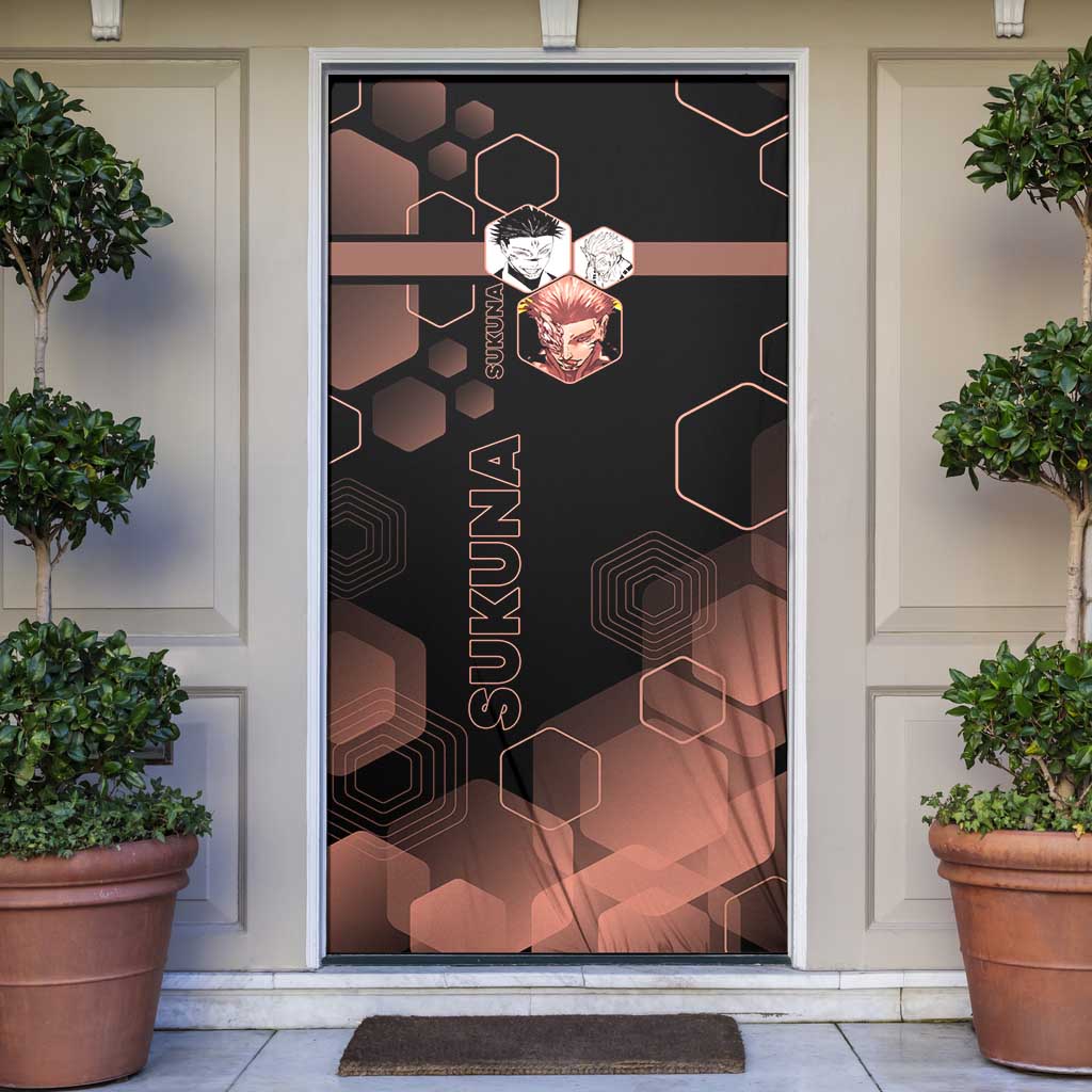 Ryomen Sukuna Jujutsu Kaisen Brown Hexagon Design Door Cover with Cursed Marks and Manga Style Art - The Mazicc
