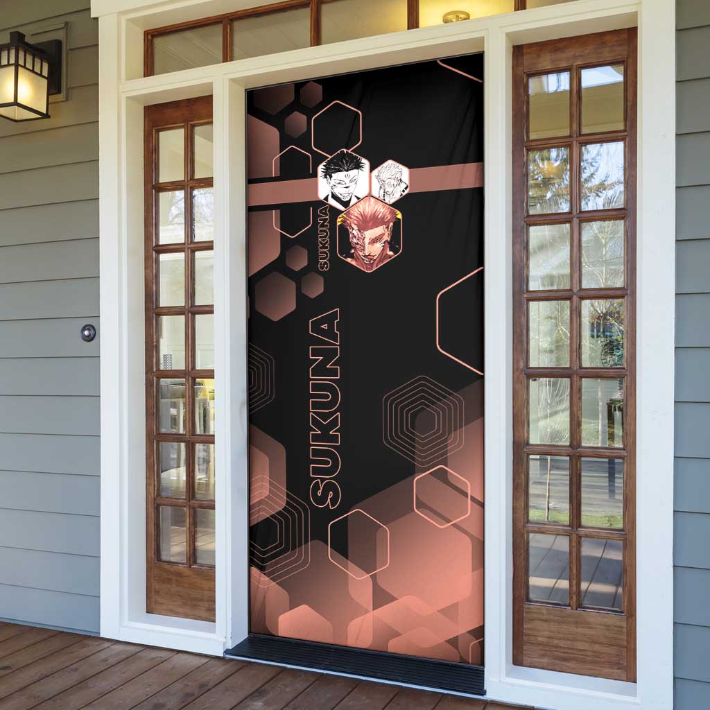 Ryomen Sukuna Jujutsu Kaisen Brown Hexagon Design Door Cover with Cursed Marks and Manga Style Art - The Mazicc