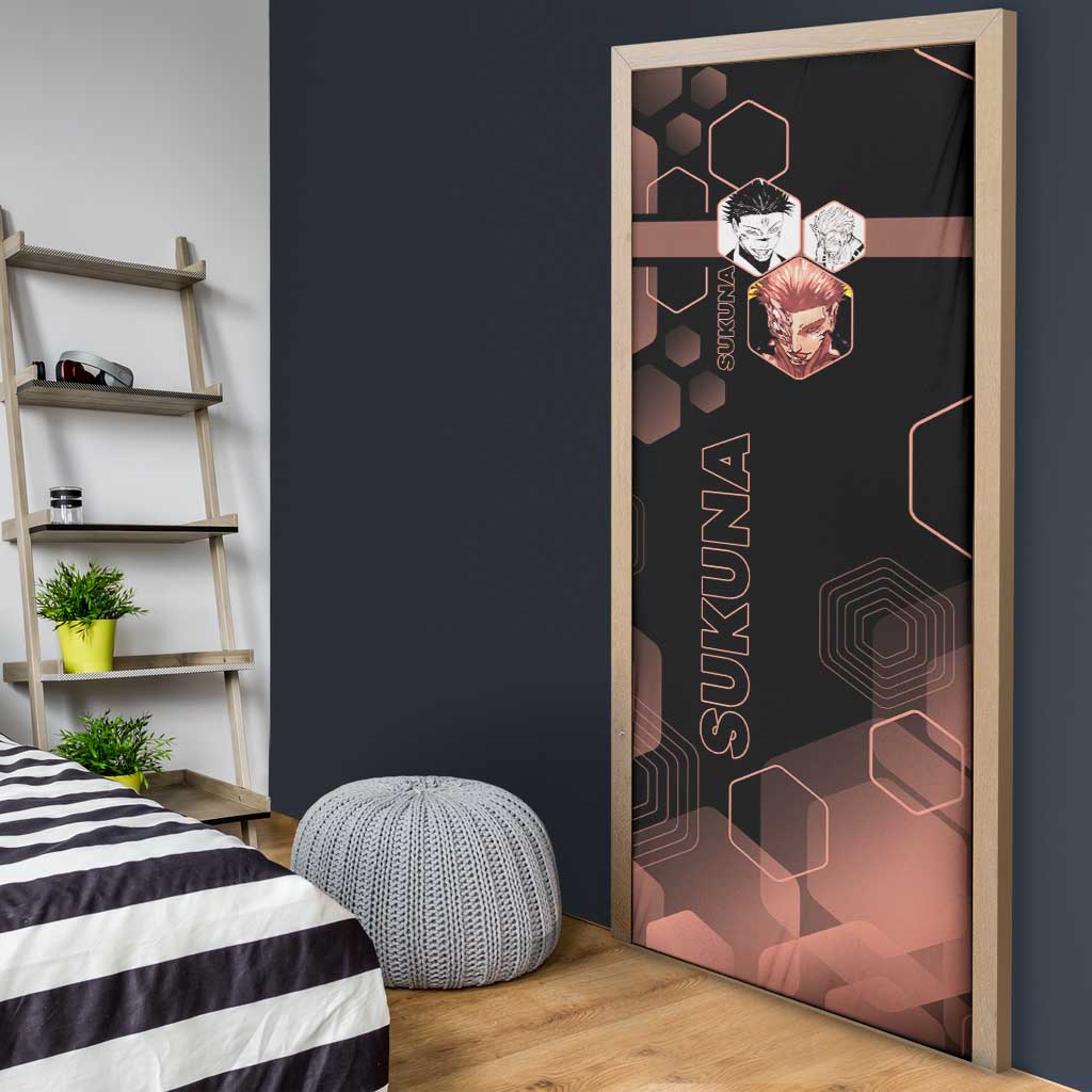 Ryomen Sukuna Jujutsu Kaisen Brown Hexagon Design Door Cover with Cursed Marks and Manga Style Art - The Mazicc
