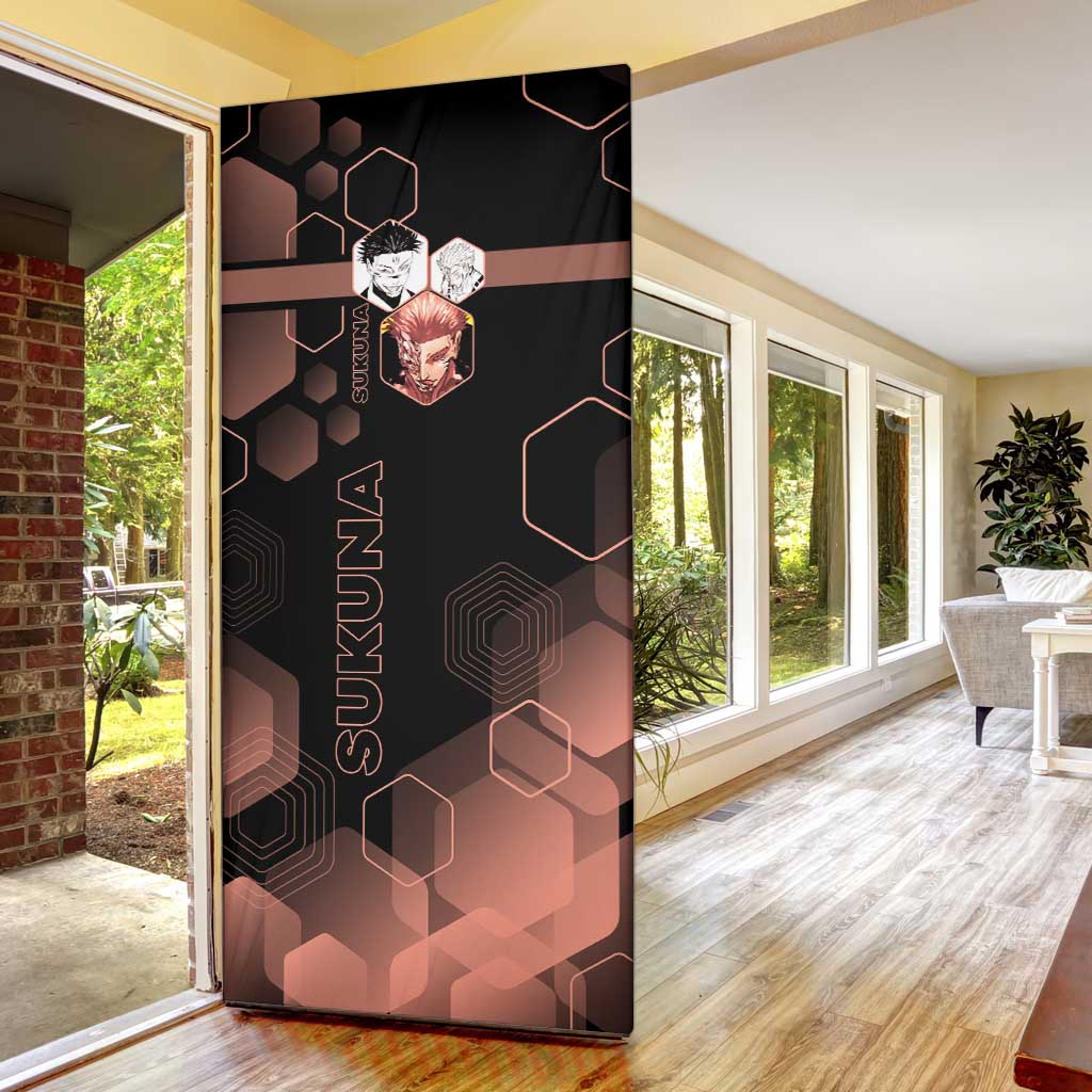 Ryomen Sukuna Jujutsu Kaisen Brown Hexagon Design Door Cover with Cursed Marks and Manga Style Art - The Mazicc